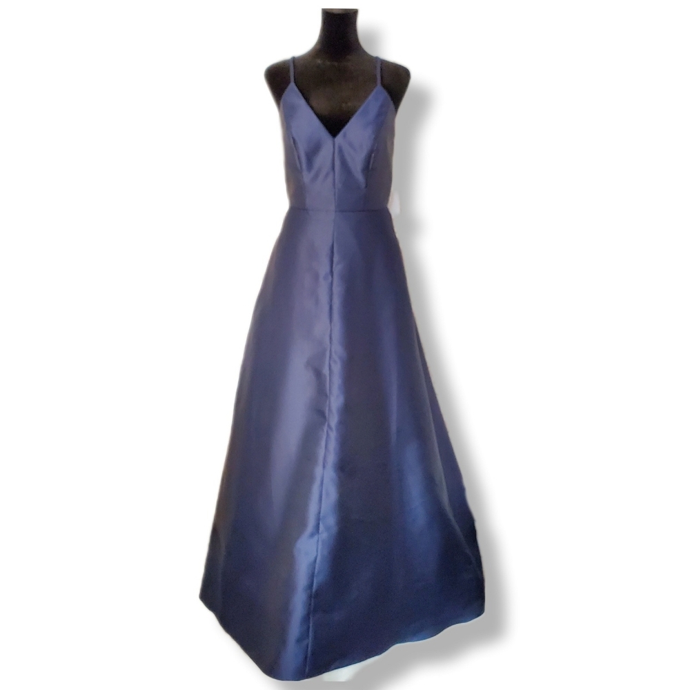 NWT Alfred Sung V-Neck Full Skirt Satin Navy Blue Evening Gown Sz 4
